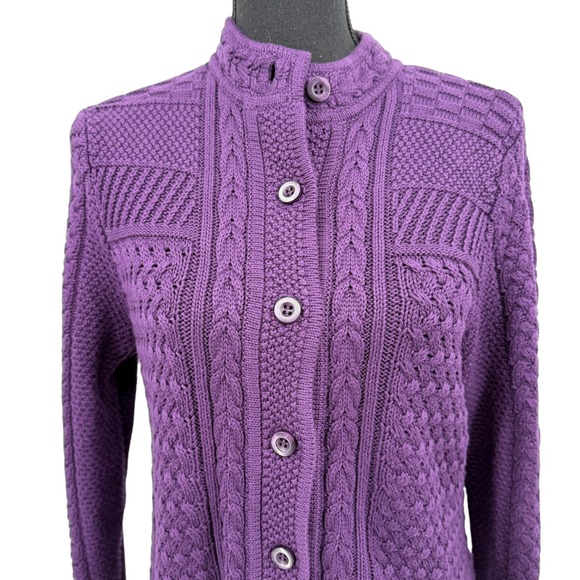 L.L. Bean Women's Sweater Cable Knit Purple Button Front Collarless Cotton Med - Picture 4 of 12